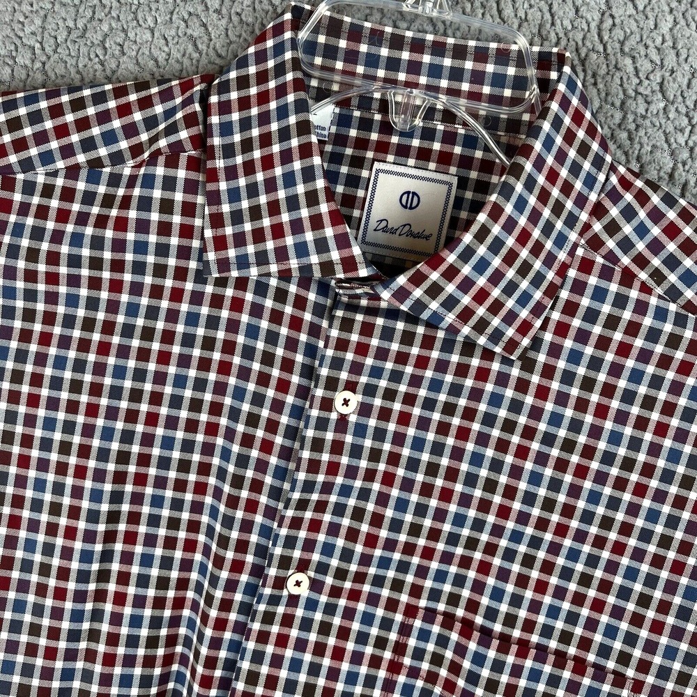 David Donahue Shirt Mens Large Red Blue Twill Check Casual‎ Button Up Preppy